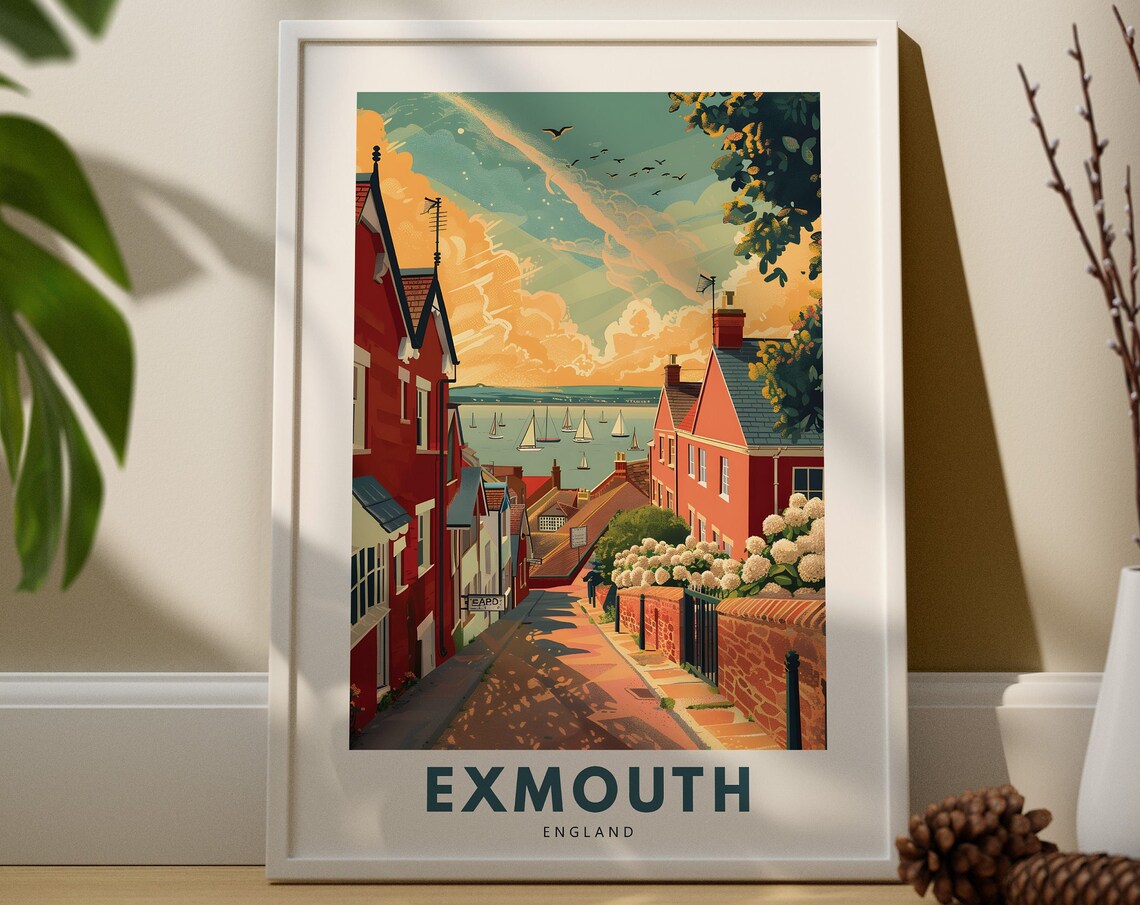 Exmouth England Coastal Travel Illustration Sailing Street Sunset Poster
