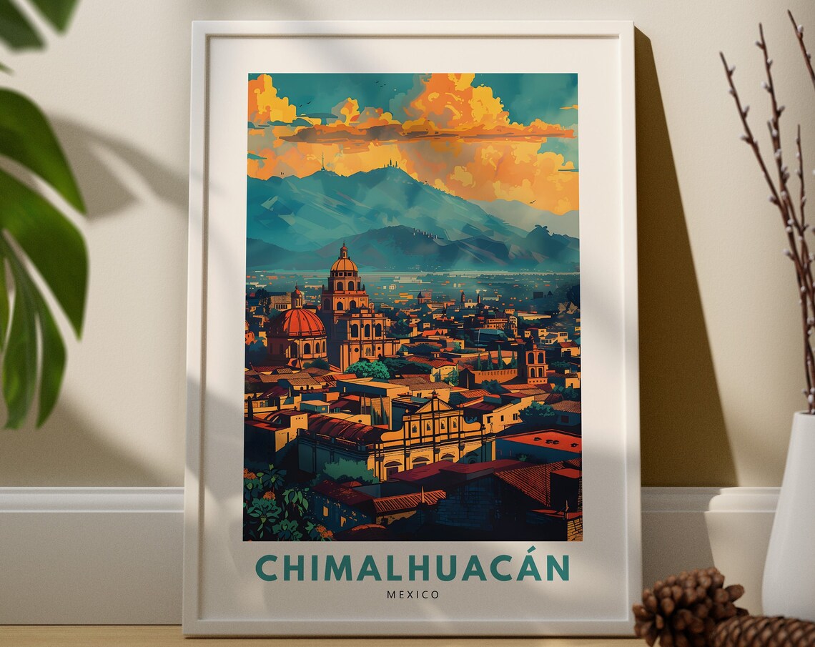 Chimalhuacán Mexico Cathedral Skyline Mountain Sunset Travel Poster