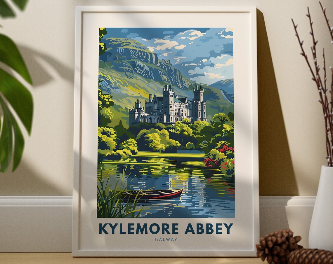 Serene Kylemore Abbey Galway Lake Mountain Ireland Travel Poster