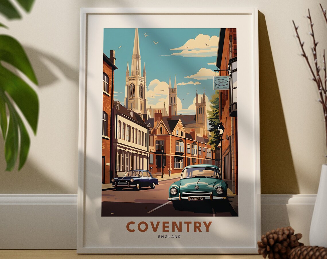 Coventry England Vintage Travel Art Church Spires Classic Cars Poster
