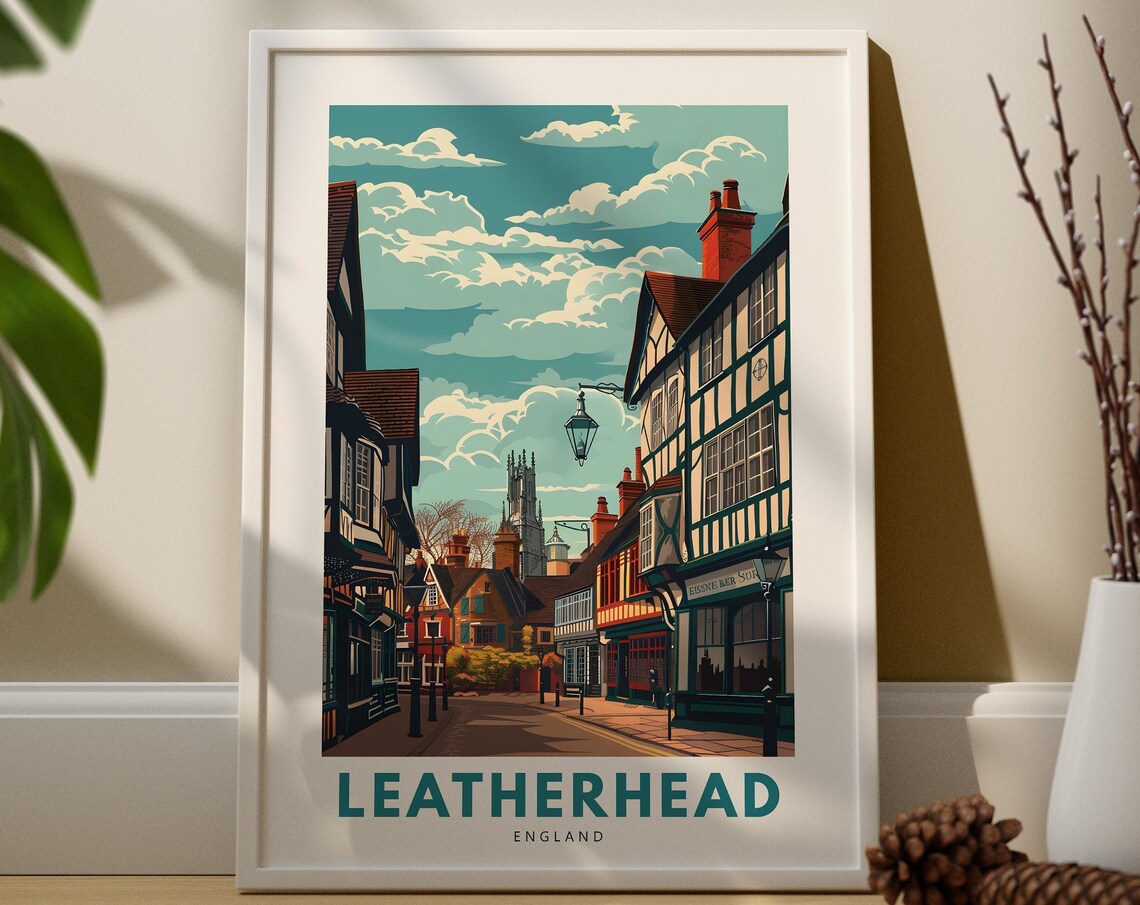 Leatherhead England Vintage Tudor High Street Scene Retro Travel Poster