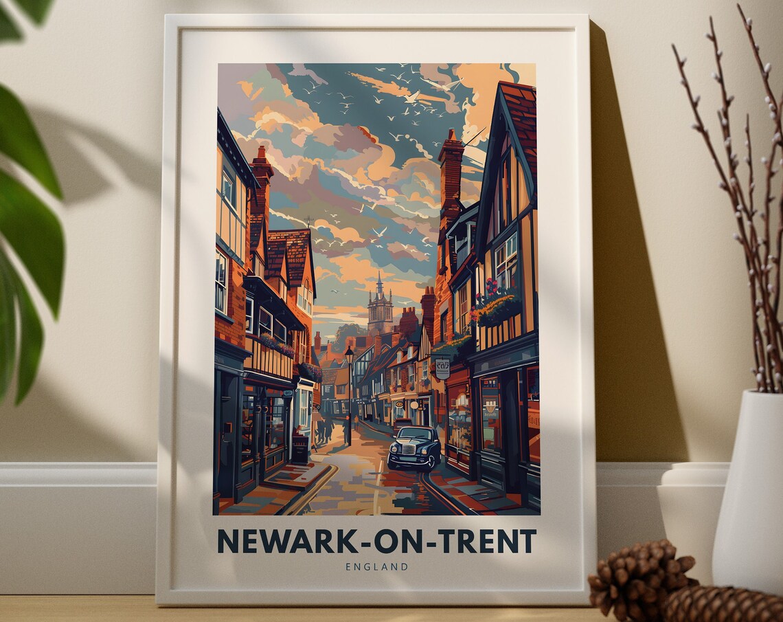 Newark On Trent England Tudor Street Sunset Retro Travel Poster
