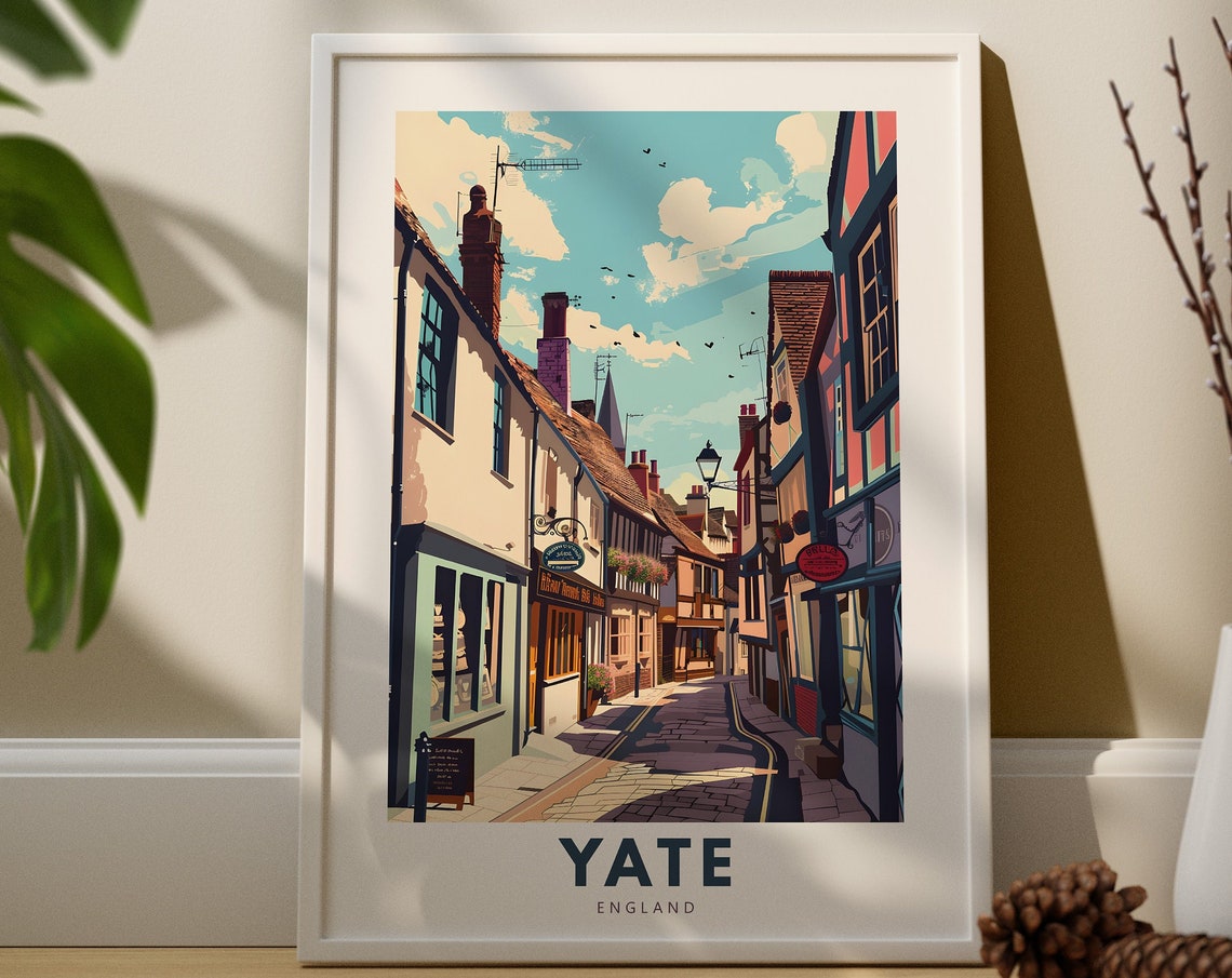 Yate England Travel Poster Quaint Old Town Street Vintage Scene