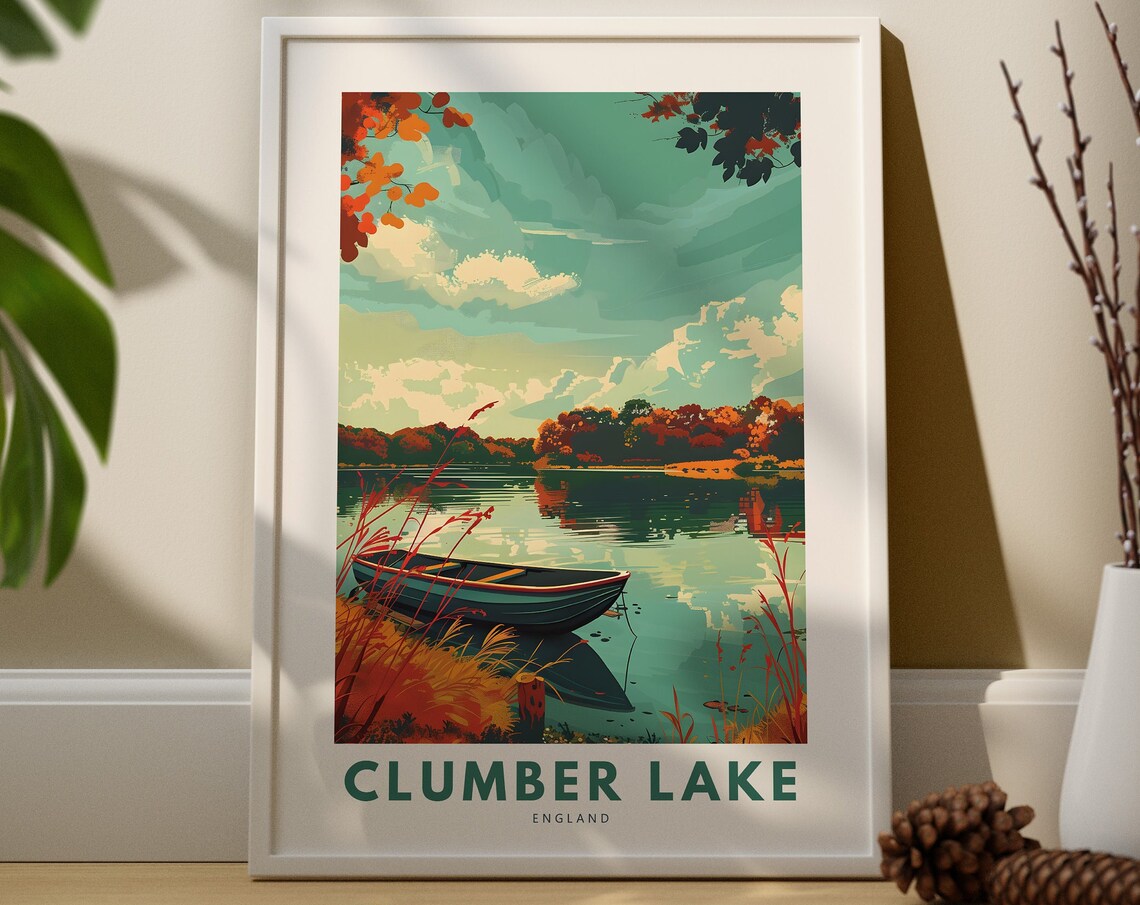 Clumber Lake England Canoe Travel Poster Autumn Lake Sunset Nature Art