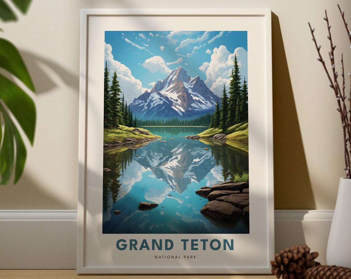 Grand Teton National Park Mirror Lake Reflection Travel Art Poster