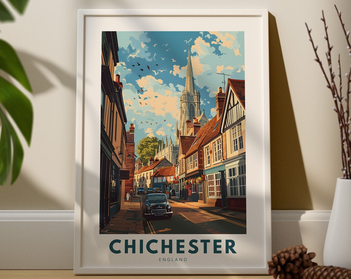 Chichester England Cathedral Old Street Vintage Travel Poster