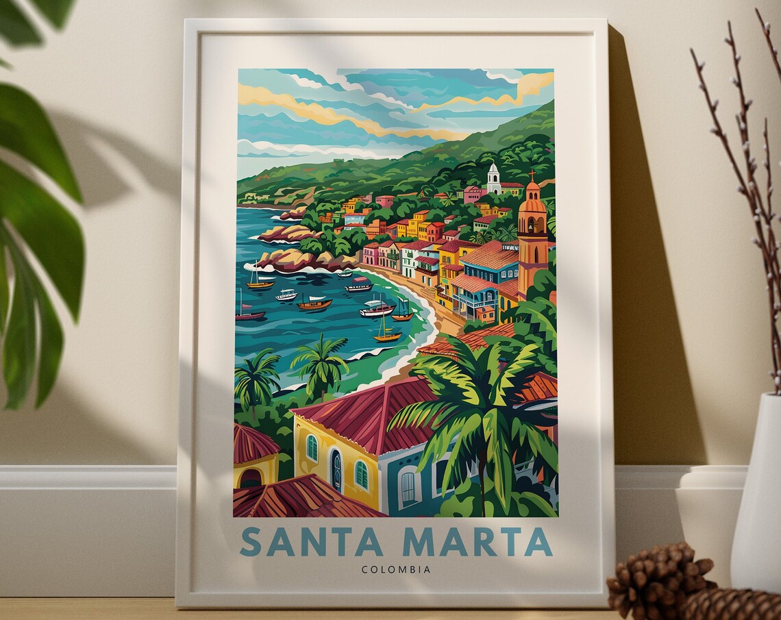 Vintage Santa Marta Colombia Caribbean Coast Boats Travel Art Poster