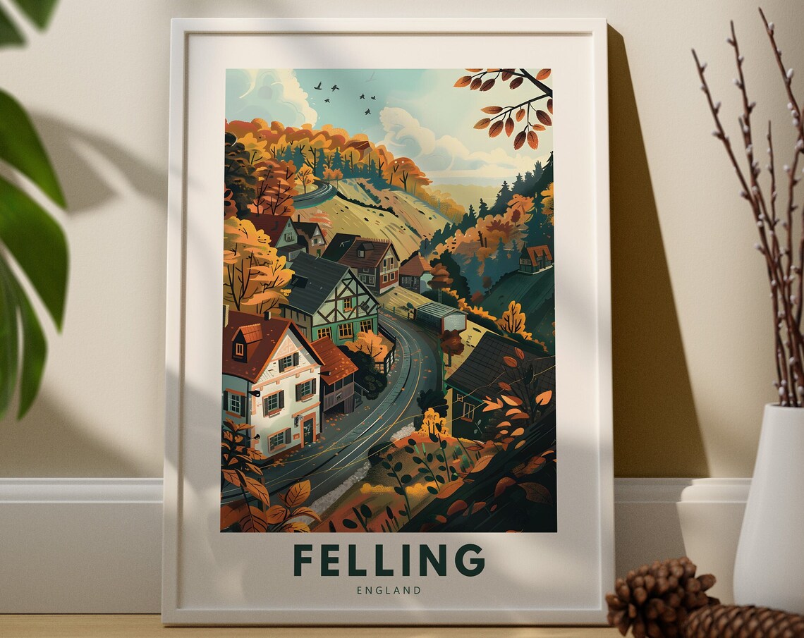 Scenic Felling England Autumn Hillside Village Travel Poster