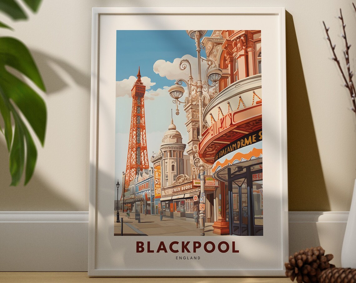 Blackpool Tower Seaside Street England Vintage Style Travel Poster