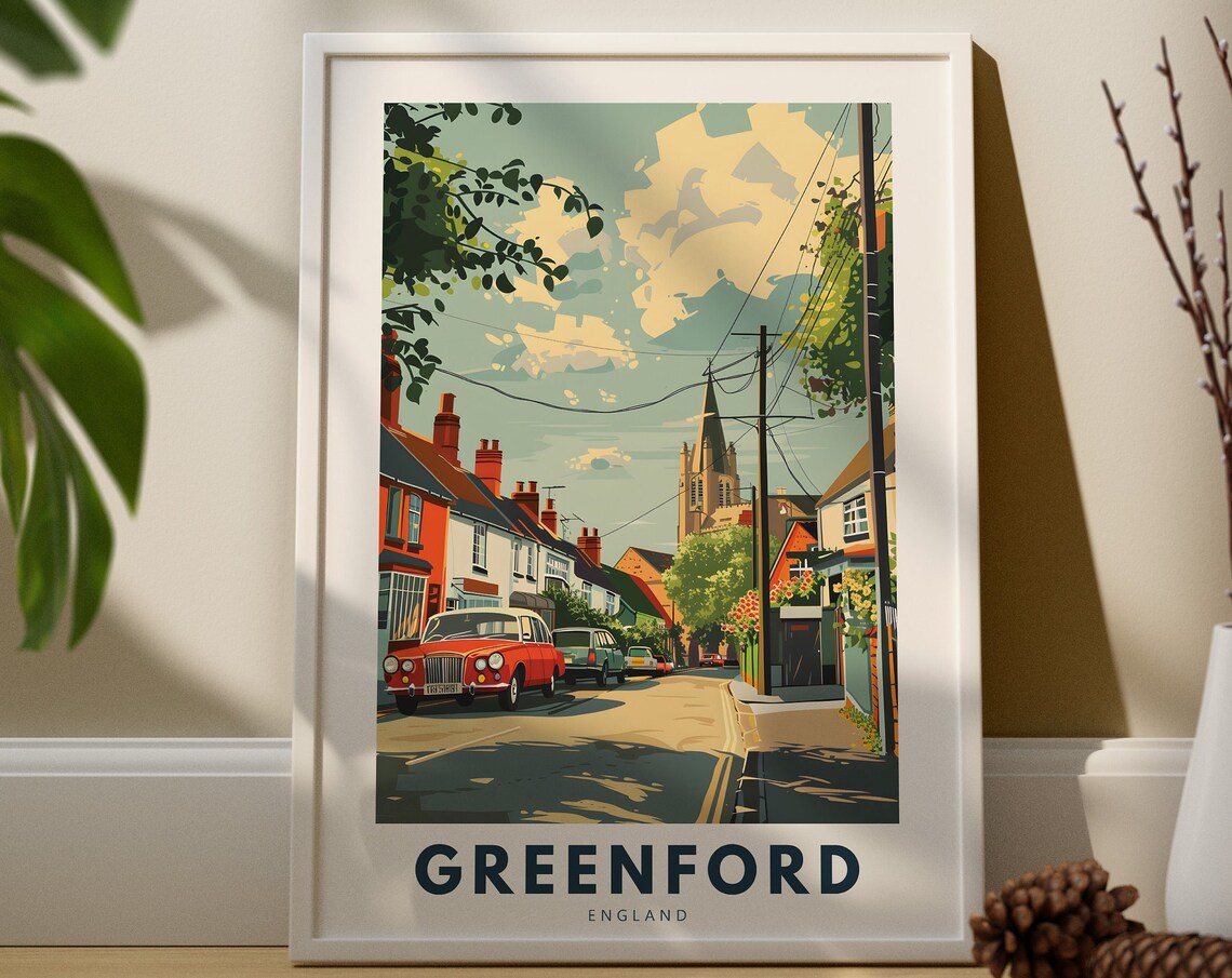 Greenford England Street Church Vintage Red Car Retro Town Poster