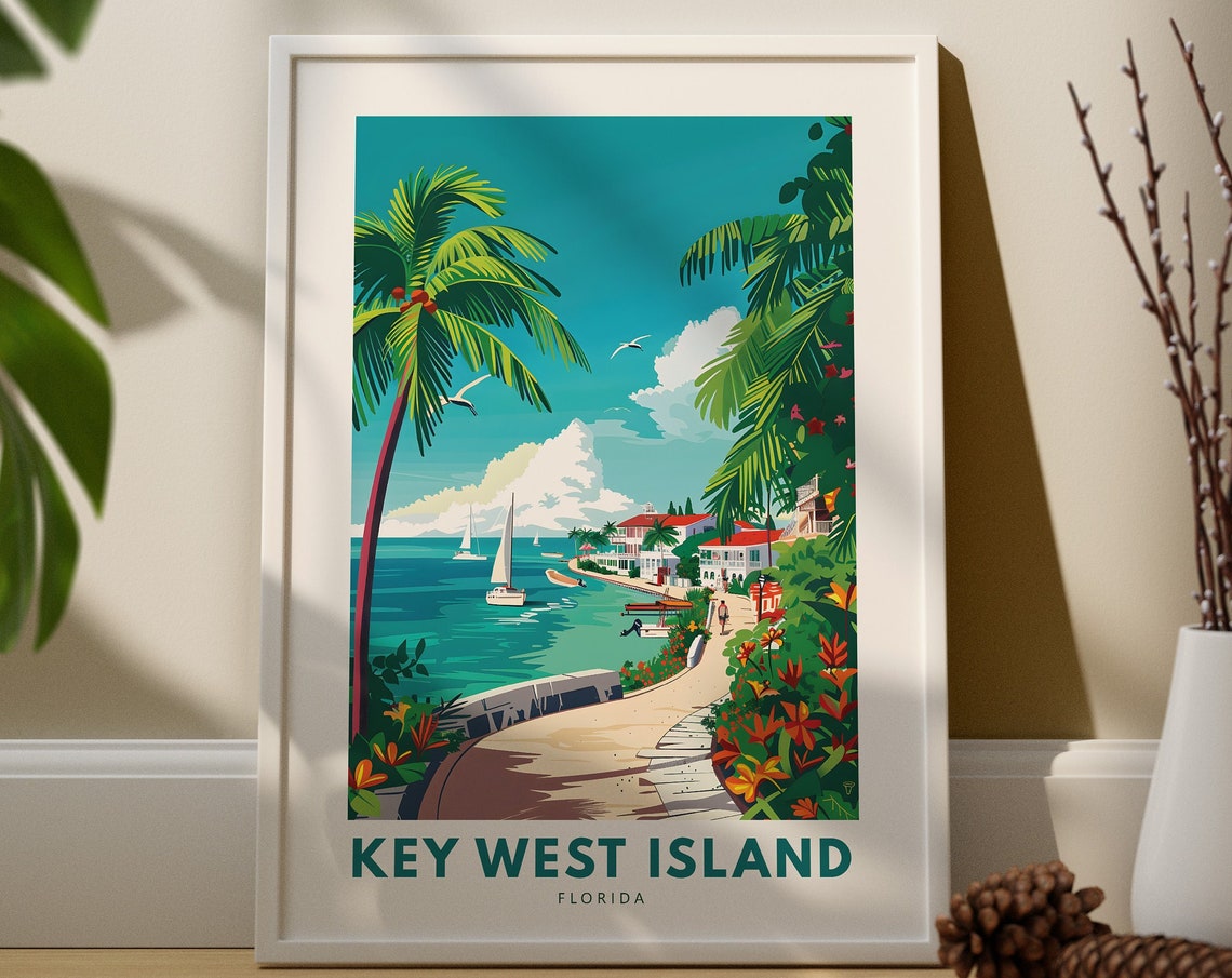 Key West Florida Travel Poster Tropical Waterfront Promenade View