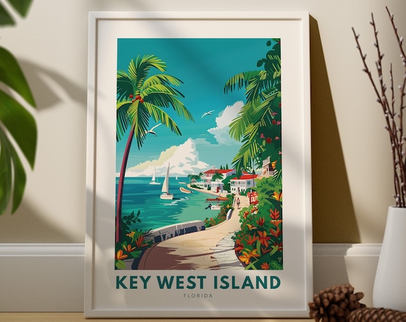 Key West Florida Travel Poster Tropical Waterfront Promenade View