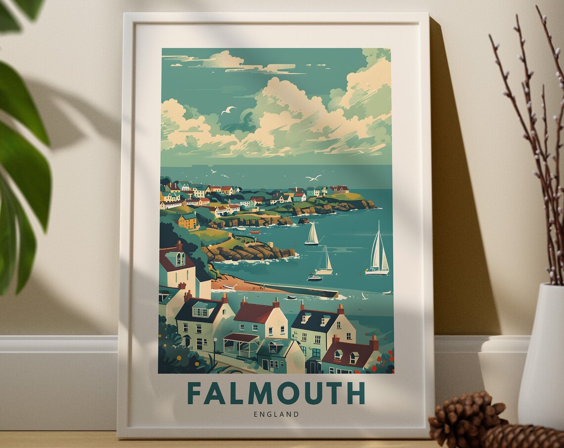 Falmouth England Coastal Harbor Sailboats Vintage Travel Poster