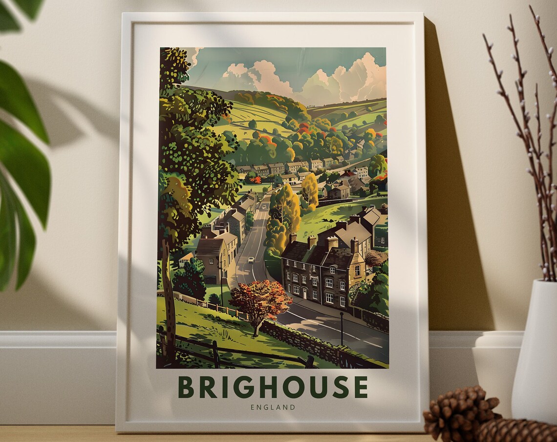 Brighouse England Travel Poster Of Village Valley And Stone Cottages