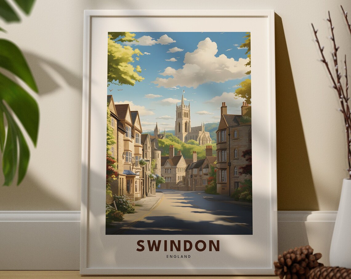 Swindon England Vintage Travel Illustration Historic Street Spire Poster