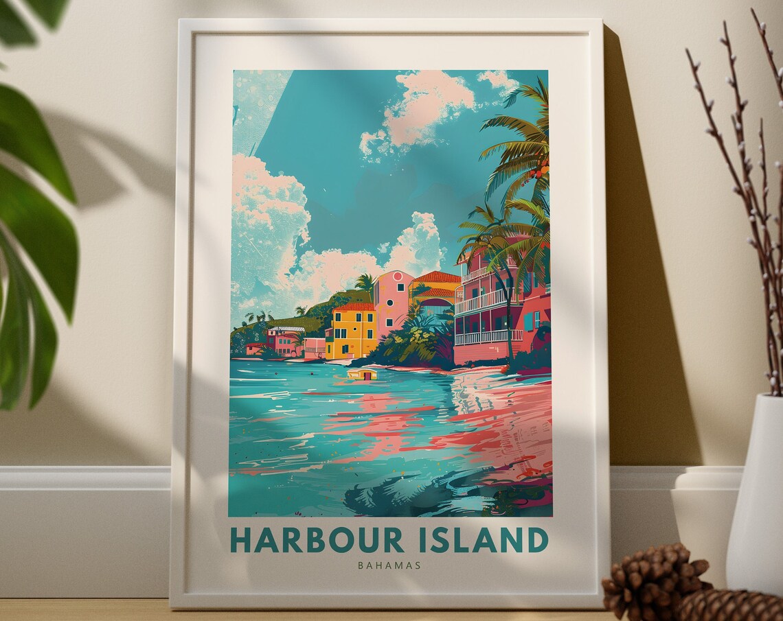 Harbour Island Bahamas Travel Poster Colorful Waterfront Palms Art