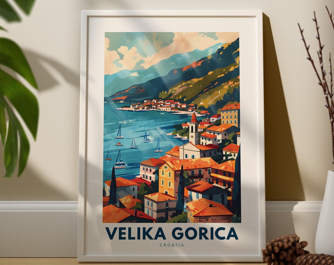 Velika Gorica Croatia Coastal Harbor Town Vintage Travel Poster