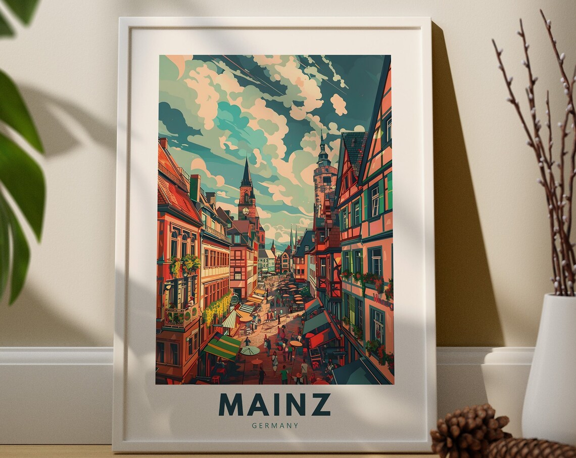 Charming Mainz Germany Old Town Street Vintage Travel Poster