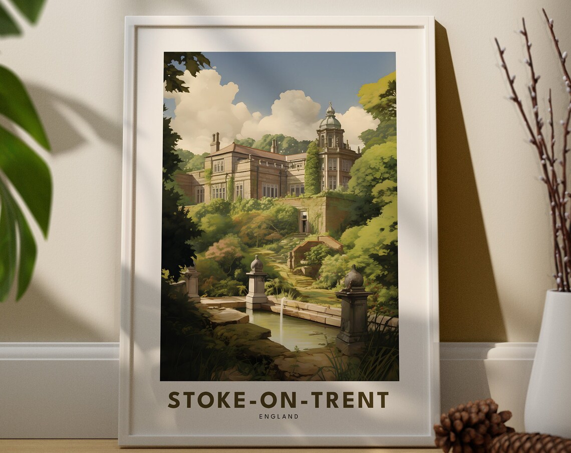 Stoke on Trent England Stately Home Gardens Vintage Travel Poster