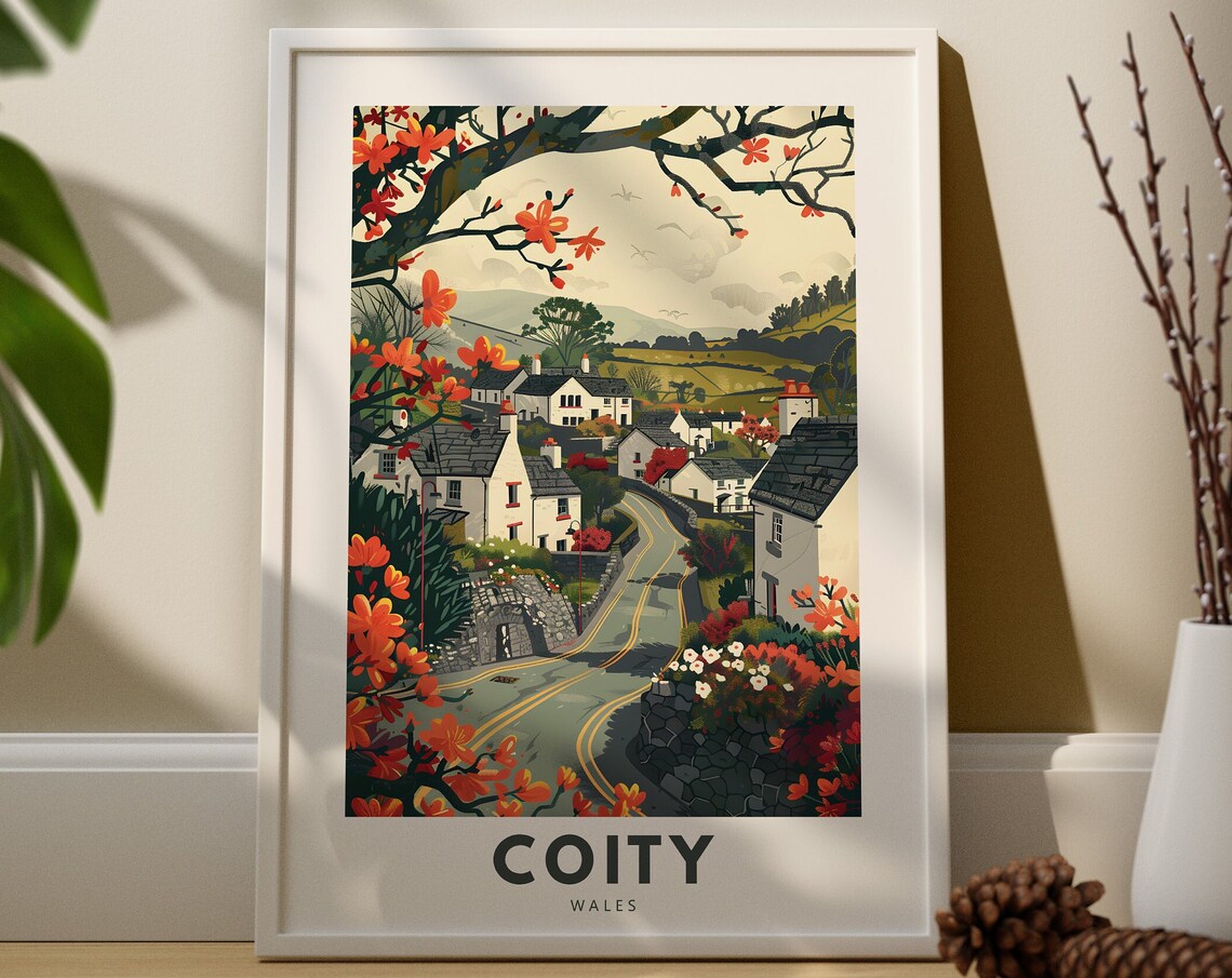 Coity Wales Blossom Village Street Travel Poster Spring Decor