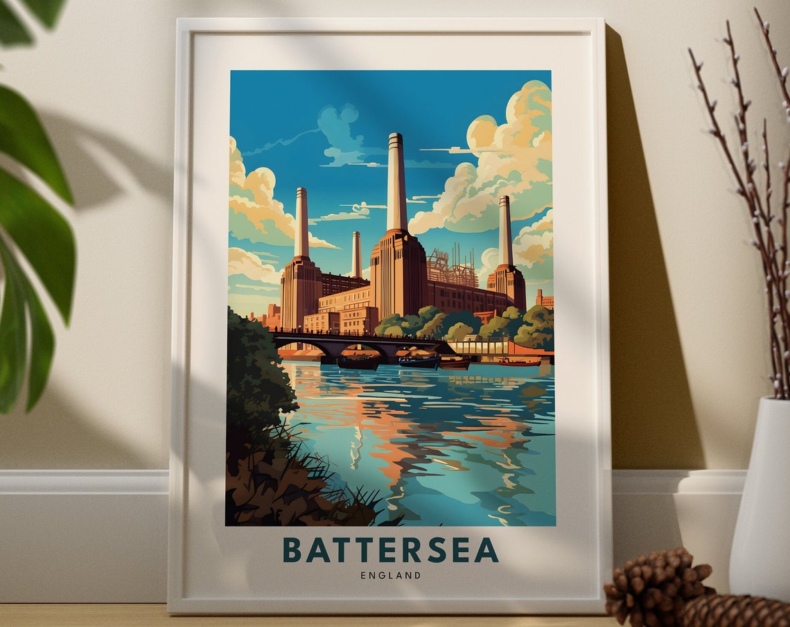 Battersea England Power Station Retro Travel Illustration River Poster