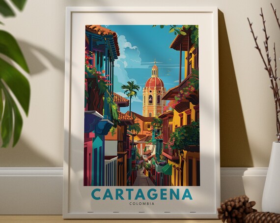 Cartagena Colombia Colonial Street Cathedral Vintage Travel Poster