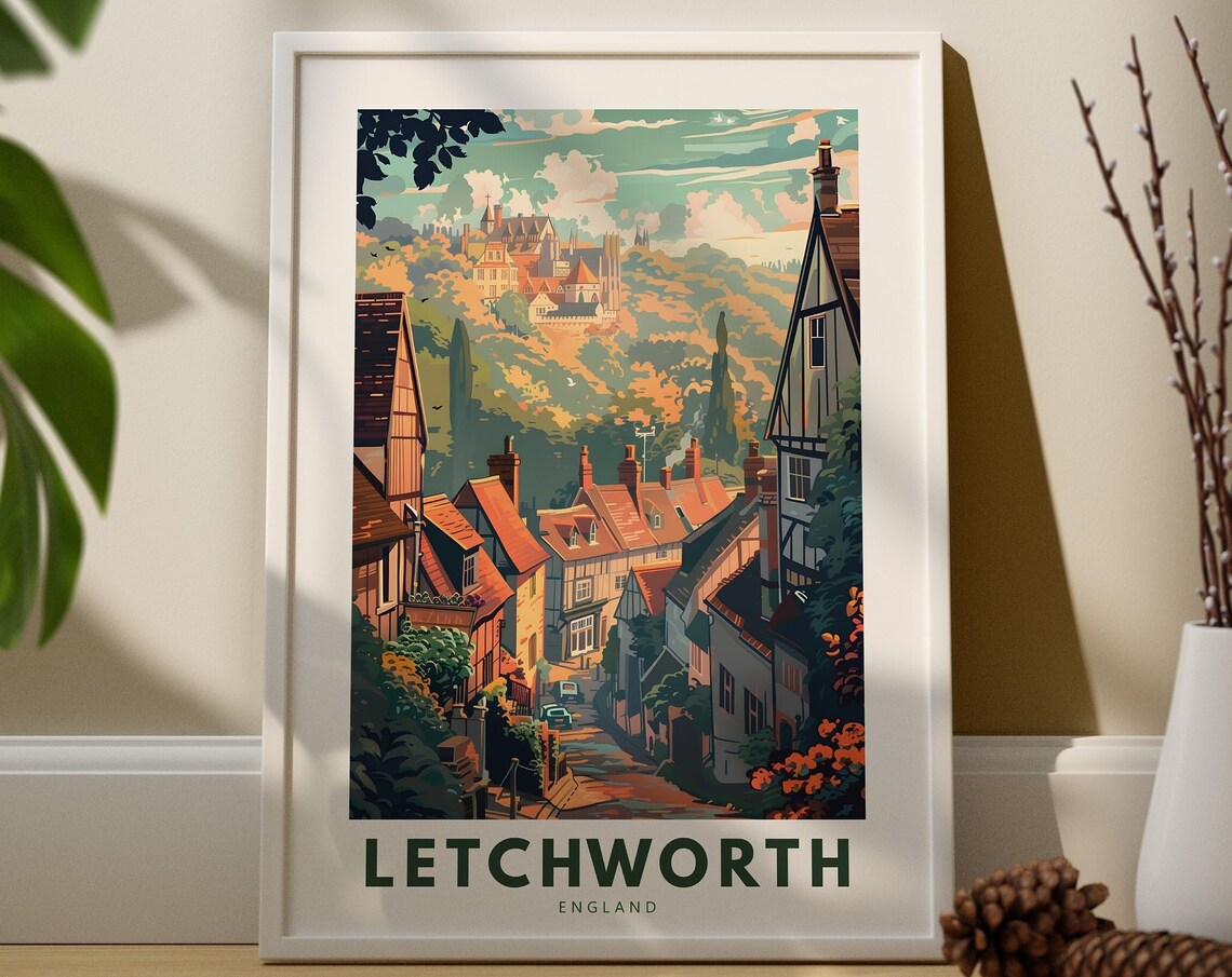 Letchworth England Autumn Village Hillside Retro Travel Poster