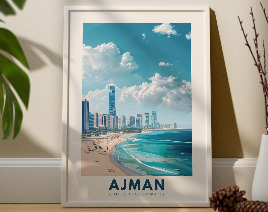 Ajman United Arab Emirates Travel Poster Beach Skyline Sunny Coast Art