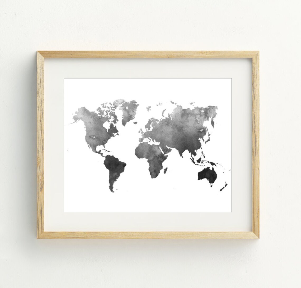 Black And White World Map Art Print, Monochrome Decor