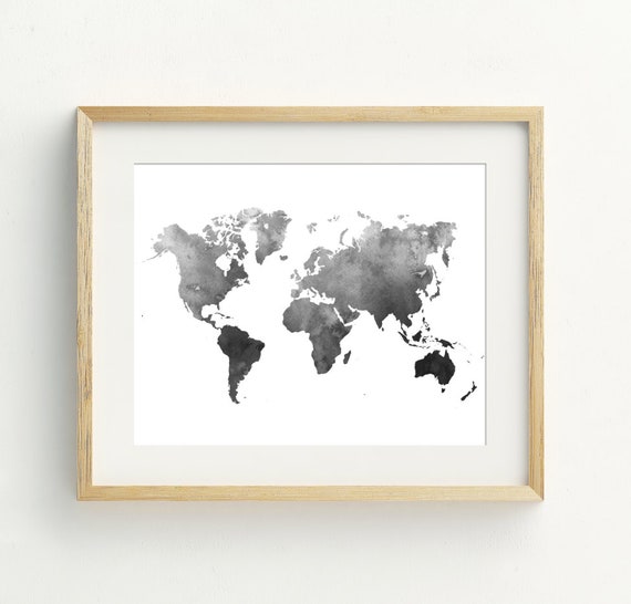 Black And White World Map Art Print, Monochrome Decor