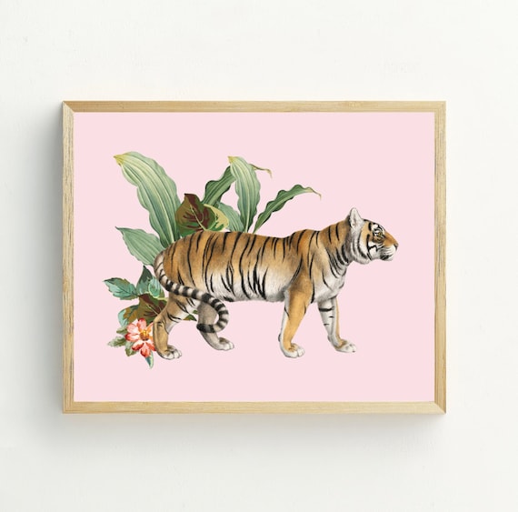 Vintage Tiger Illustration Pink Tropical Botanical Jungle Wall Art Print