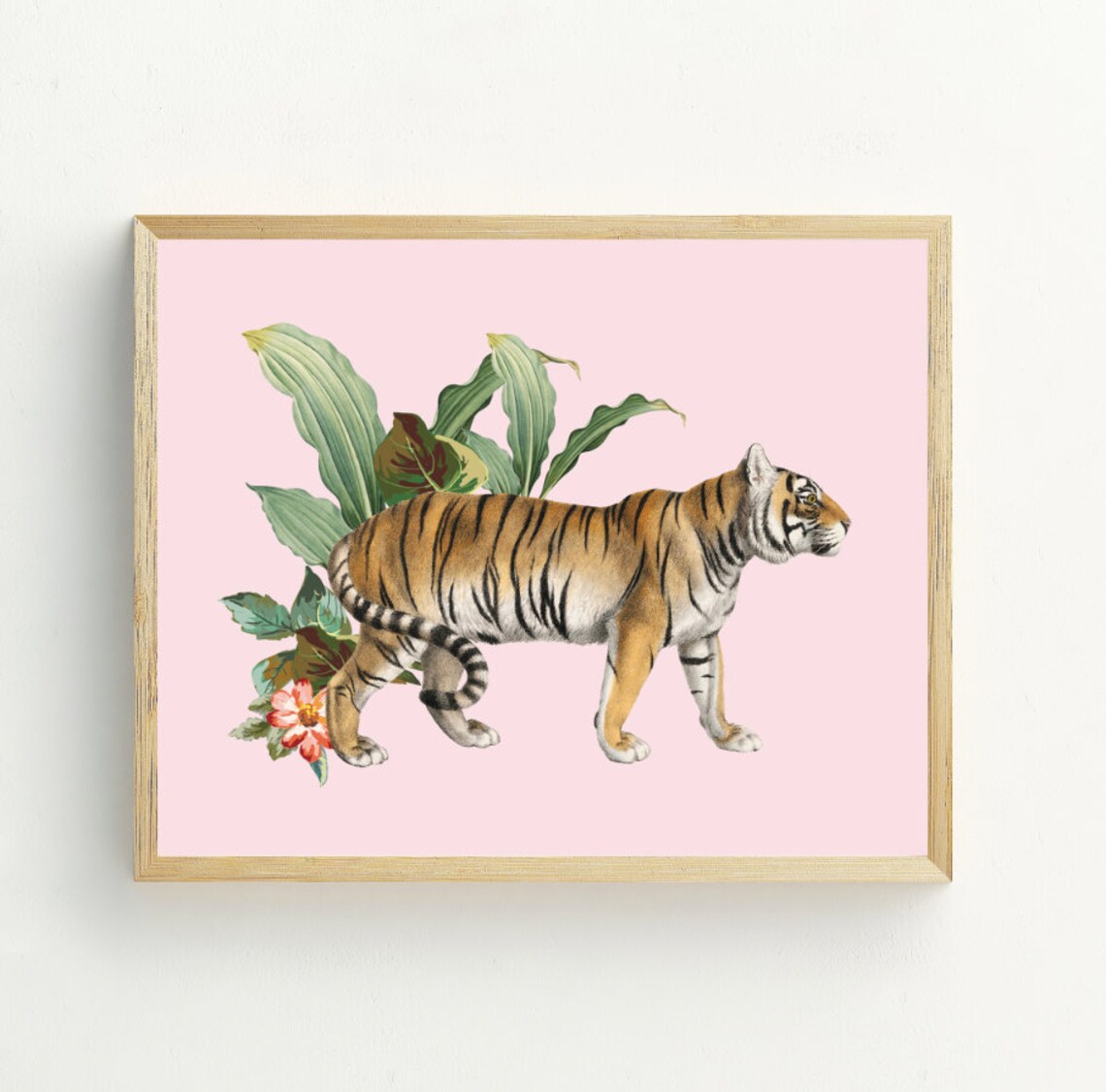 Vintage Tiger Illustration Pink Tropical Botanical Jungle Wall Art Print