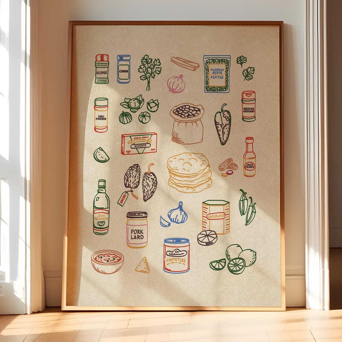 Mexican Pantry Ingredients Hand Drawn Kitchen Sketch Art Print