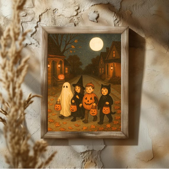 Vintage Trick Or Treat Halloween Wall Art Retro Kids Costume Parade Print Autumn Night Pumpkin Decor Spooky Seasonal Poster