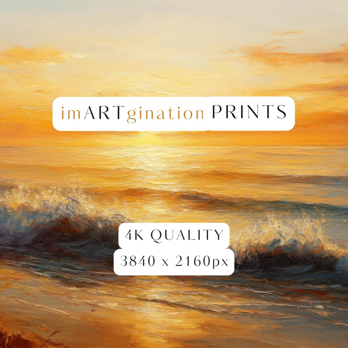 Vintage Ocean Sunset Landscape Oil Painting Art Print - Image 3