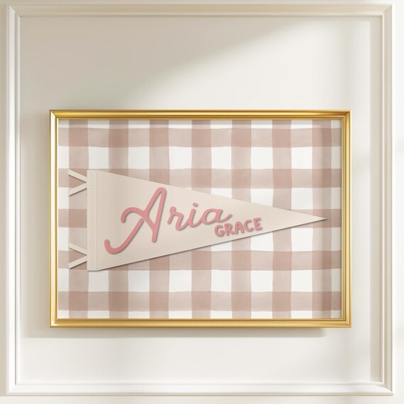 Personalized Kids Name Pennant Vintage Gingham Nursery Poster