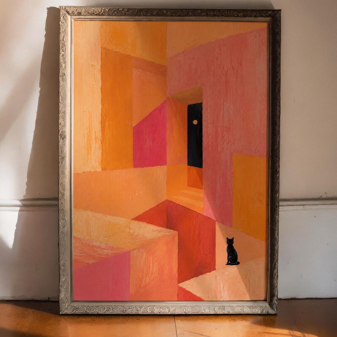 Abstract Orange Architecture Wall Poster Black Cat Geometric Art Print Modern Minimalist Decor