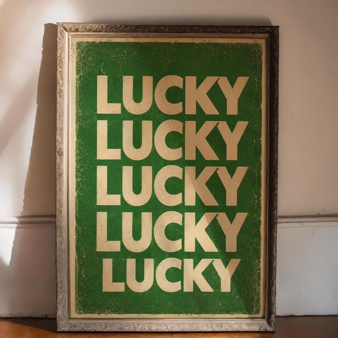 Lucky Vintage Green Repeat Retro Typography Statement Wall Print