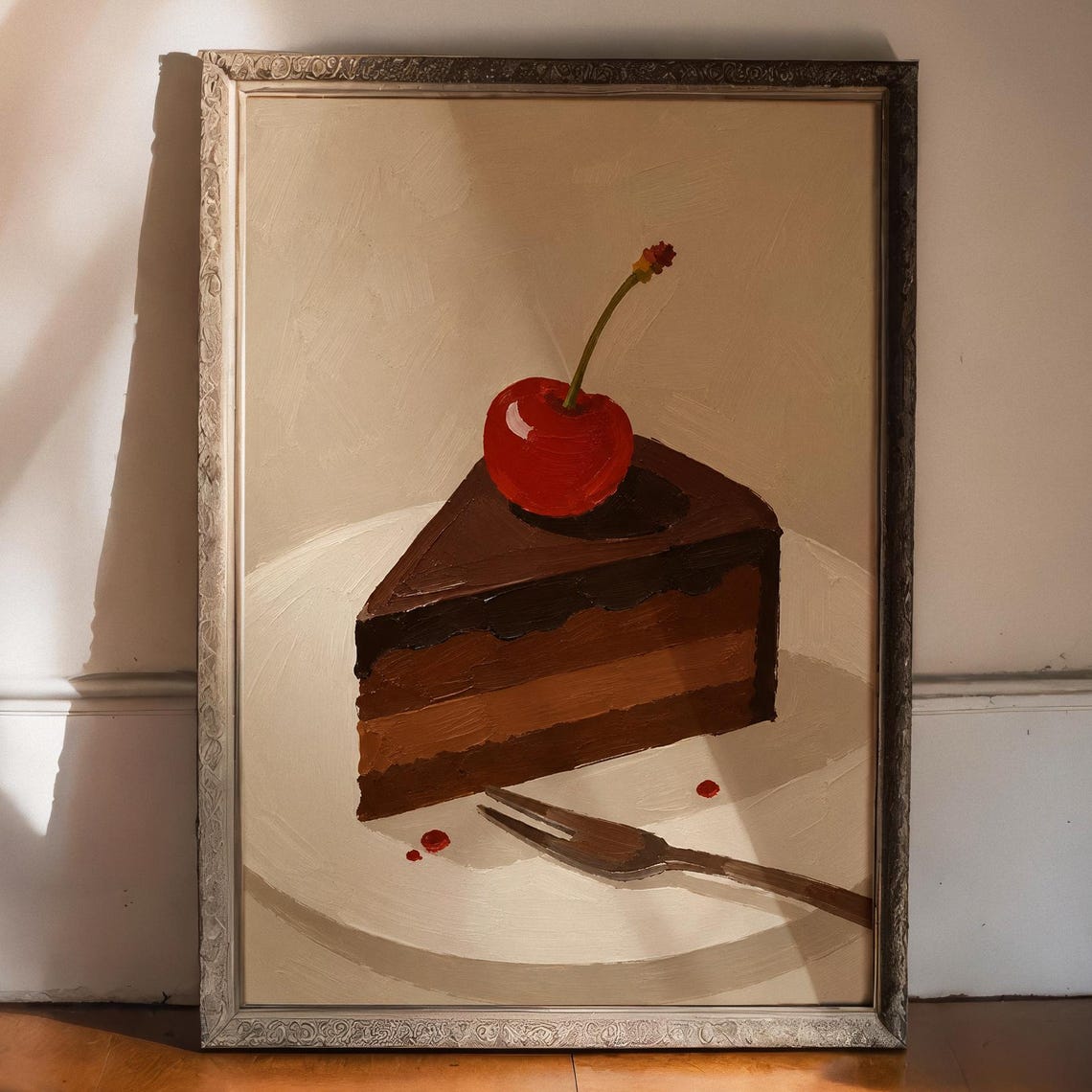 Chocolate Cake Cherry Slice Minimalist Dessert Vintage Oil Art Poster