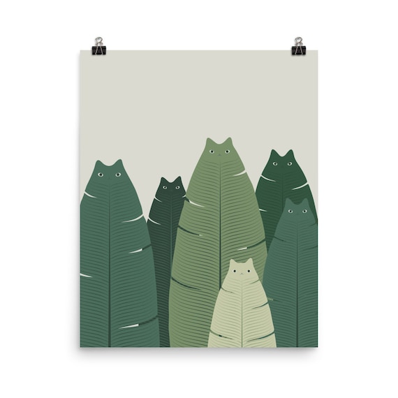 Cats Hidden in Banana Leaves Playful Green Botanical Art Poster