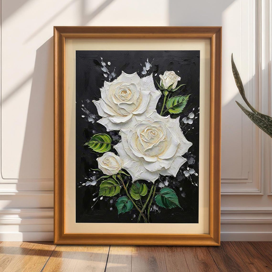 Textured White Roses On Black Impasto Floral Statement Art Print