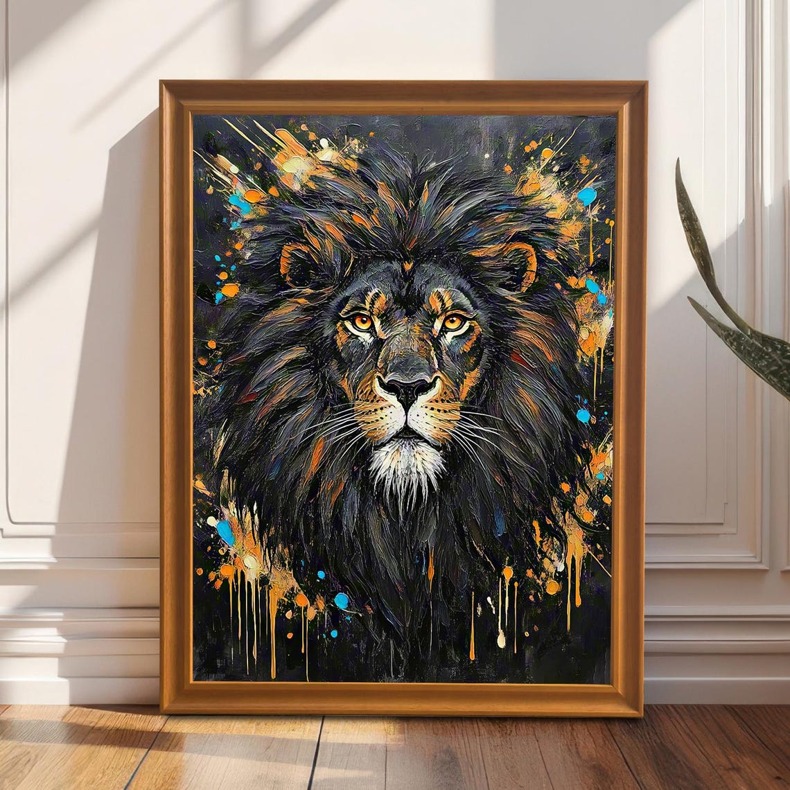 Majestic Lion Portrait With Gold Paint Splashes Expressive Wall Art