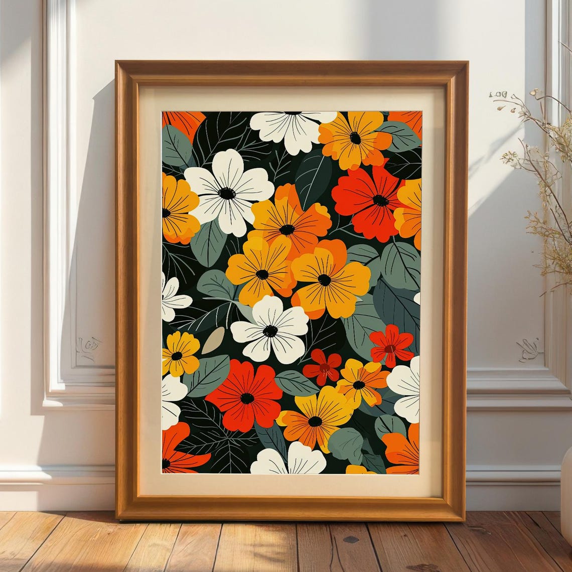 Midcentury Floral Pattern Poster Bold Retro Botanical Art Decor