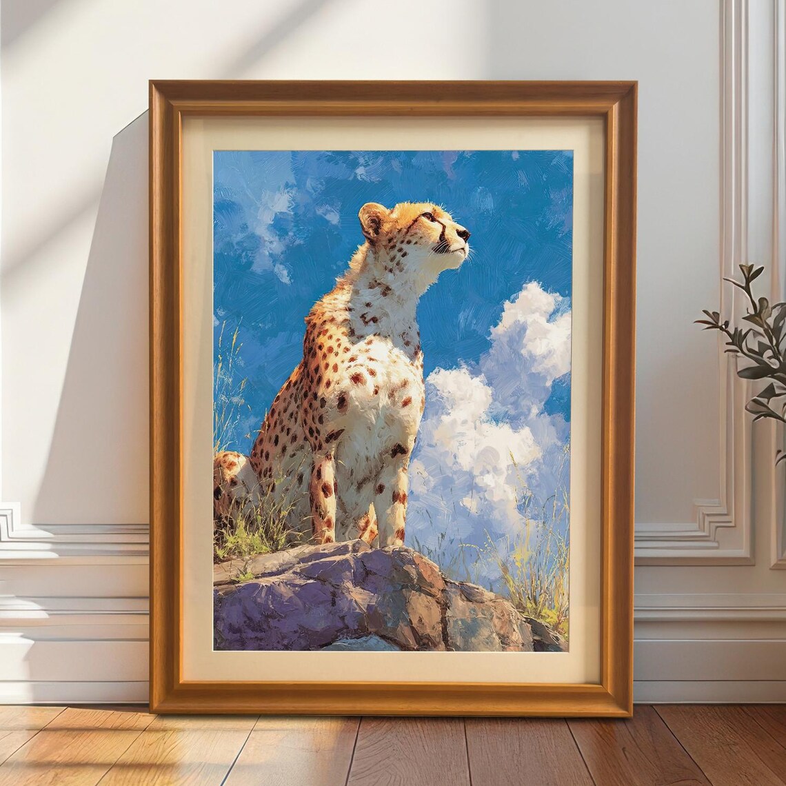 Majestic Cheetah on Rock Against Bright Blue Sky Wildlife Poster