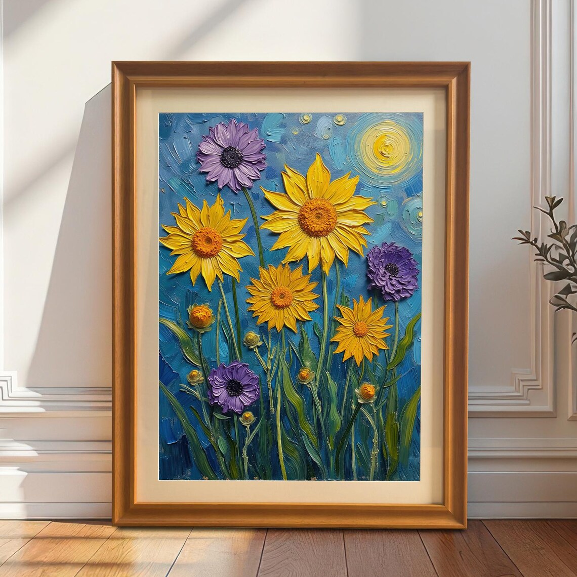 Sunflowers And Purple Blooms Painting Poster Textured Floral Art