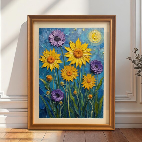 Sunflowers And Purple Blooms Painting Poster Textured Floral Art