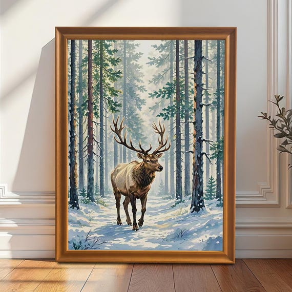 Elk In Snowy Forest Wall Art Print Giclee Winter Landscape Framed Wood Poster