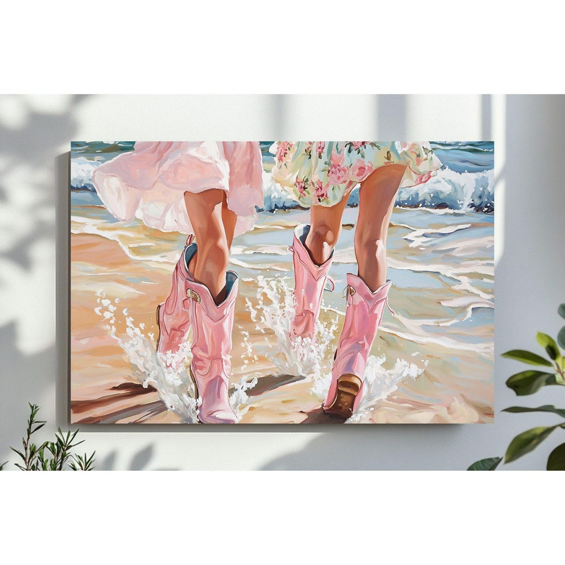 Pink Cowgirl Boots Splashing in Ocean Waves Coastal Fashion Poster