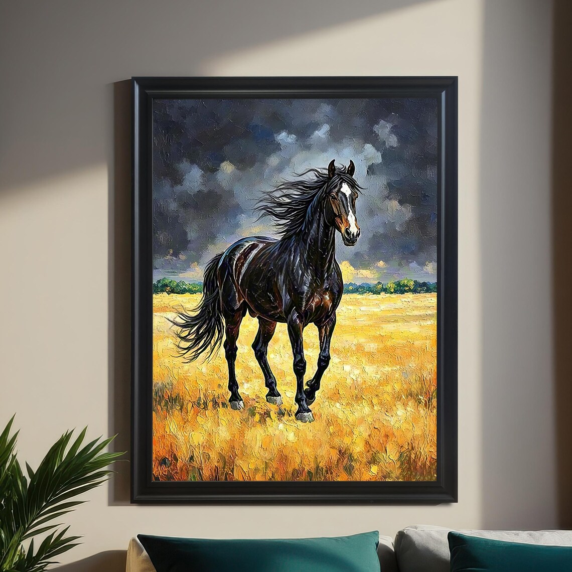 Black Stallion In Golden Wheat Field Stormy Sky Oil Painting Poster