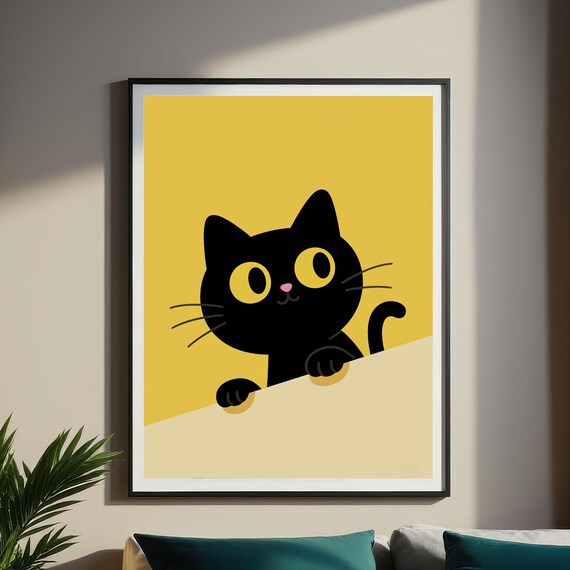 Cute Black Cat Peeking Over Yellow Background Kids Room Poster